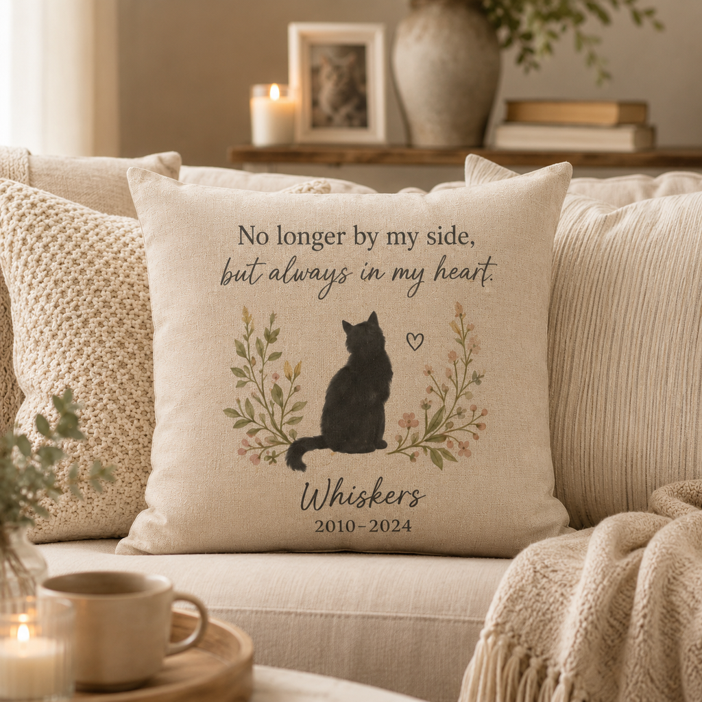 Personalized cat memorial pillow cover as a thoughtful cat loss sympathy gift