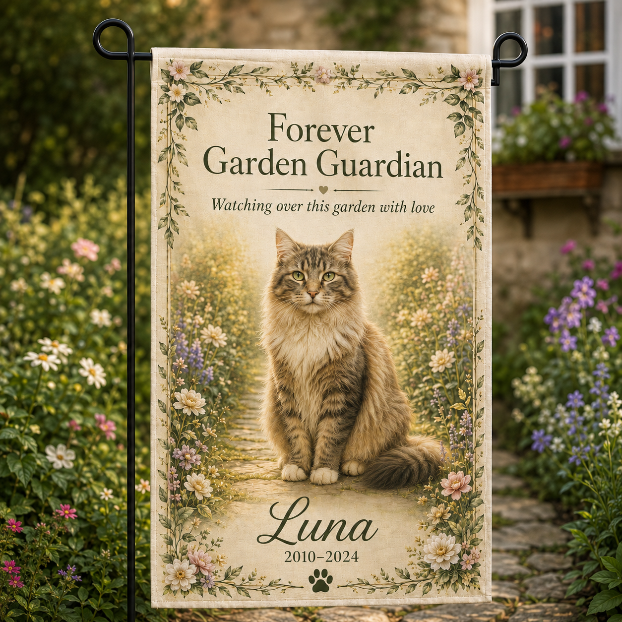 Cat memorial garden flag with photo name years and custom message