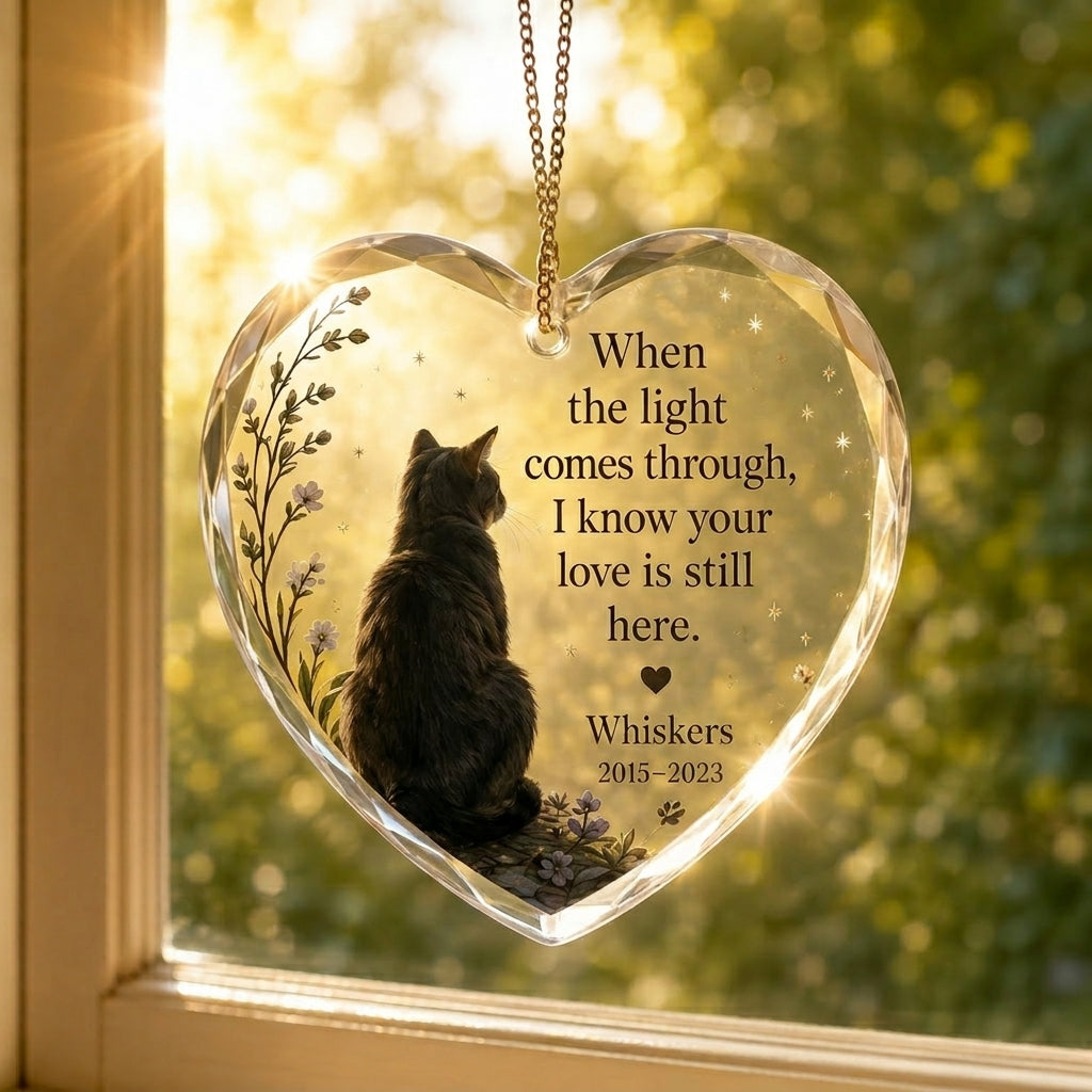 Cat memorial hanging ornament with light shining through near a window