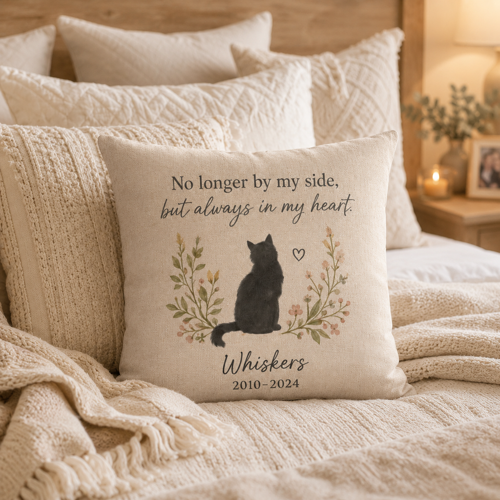 Cat memorial pillow cover styled on a cozy chair as a remembrance keepsake