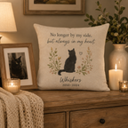 Personalized cat memorial pillow cover displayed in a warm living room