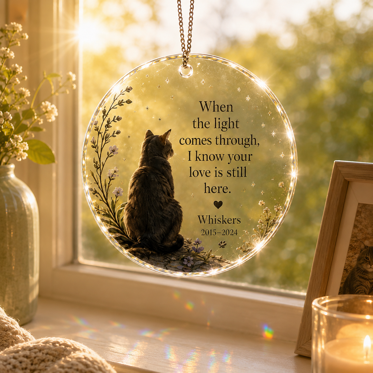Cat memorial suncatcher ornament displayed in a favorite sunny window
