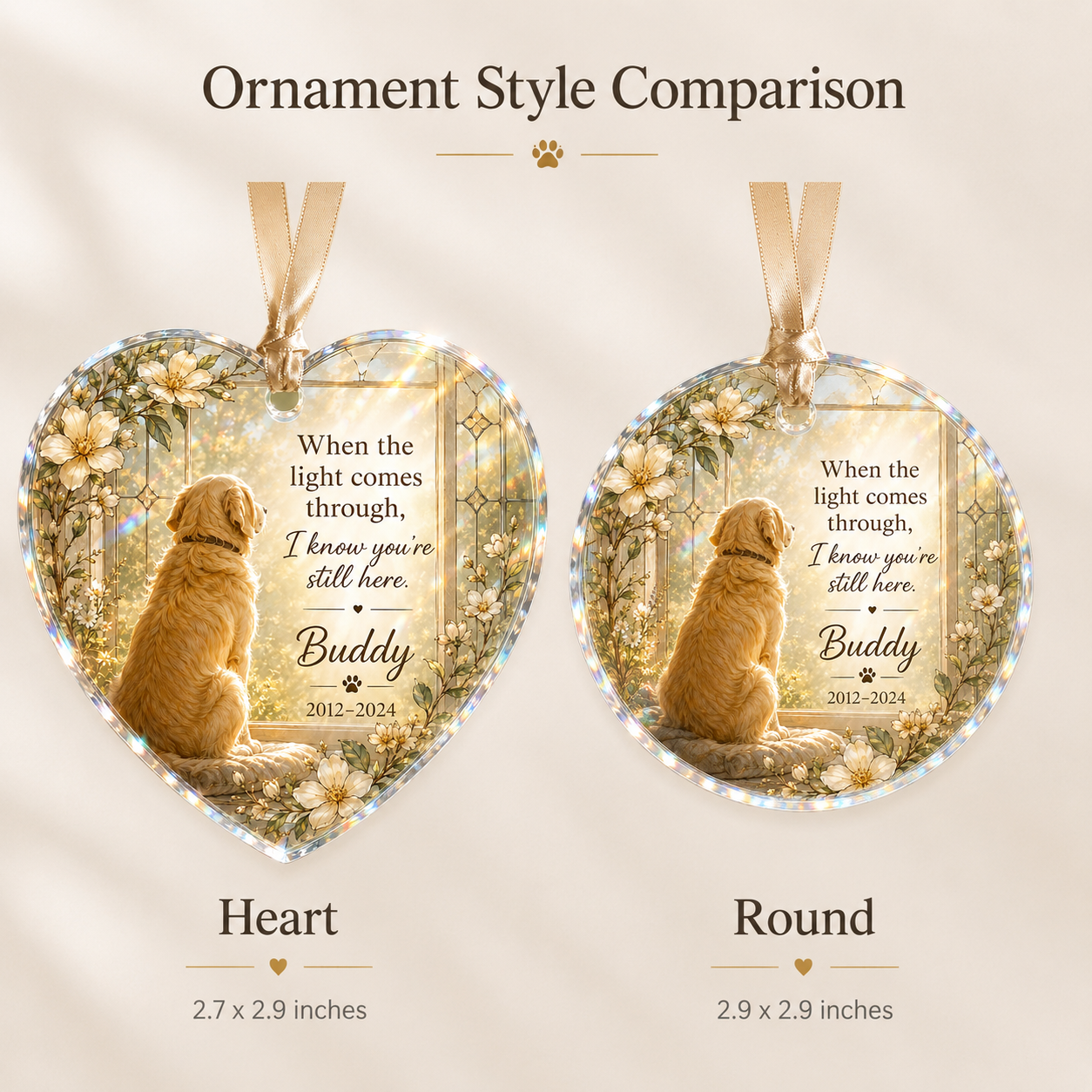 Pet memorial window ornament available in round and heart shapes