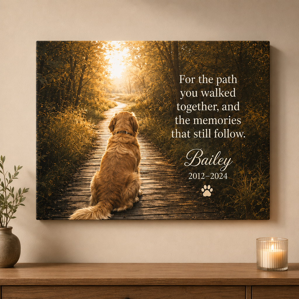 Custom dog memorial canvas with photo name and years displayed in a cozy home
