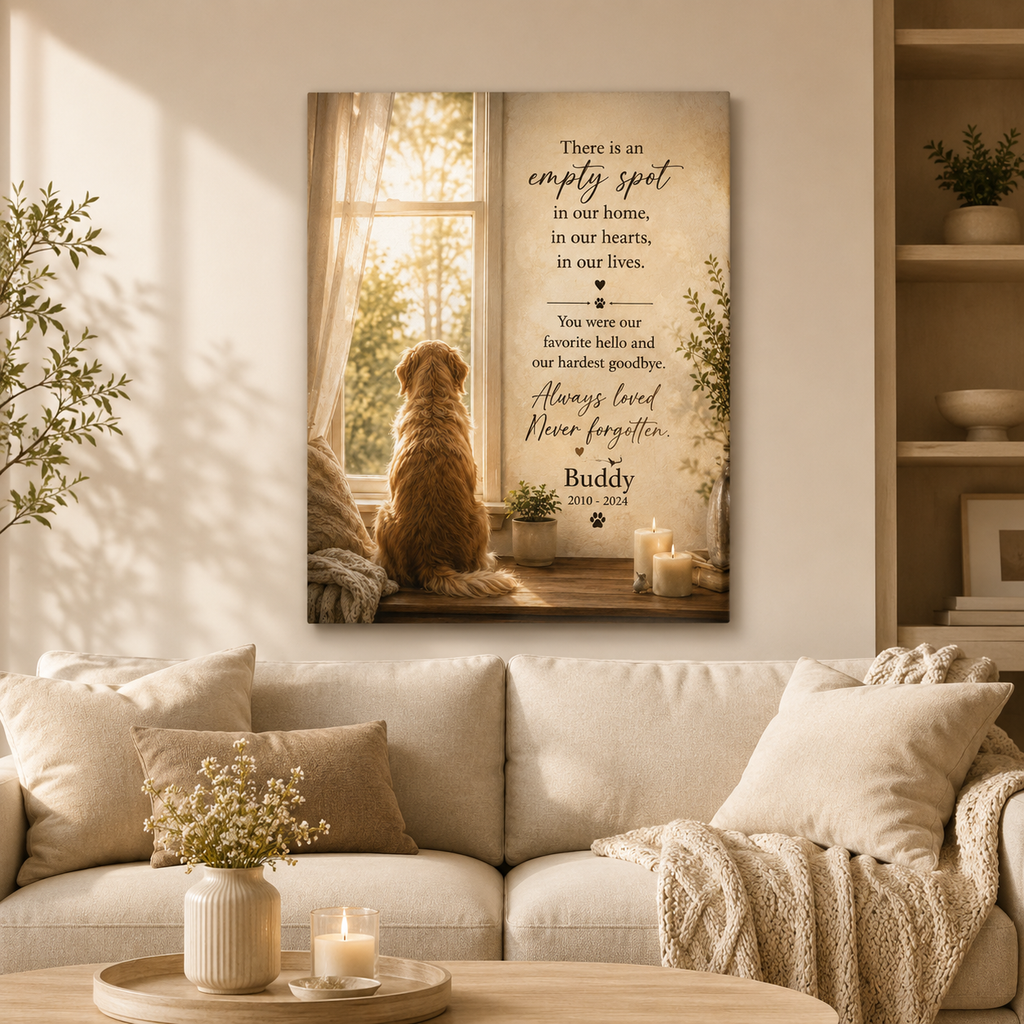 Custom pet memorial canvas with photo name and years in a warm home setting