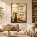Custom pet memorial canvas with photo name and years in a warm home setting