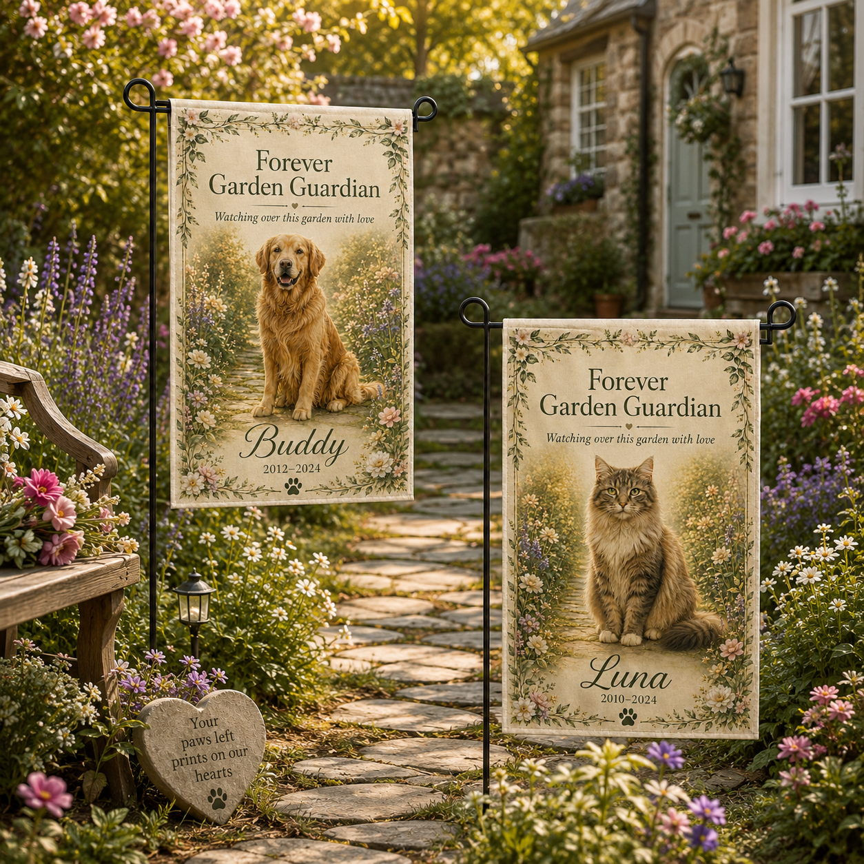 Dog and cat memorial garden flags displayed outdoors along a garden path