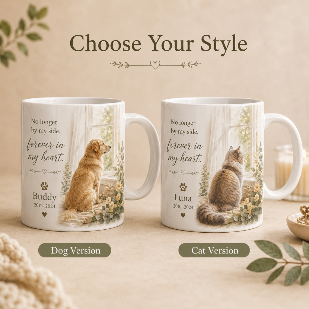 Dog and cat memorial mug style options with custom pet details