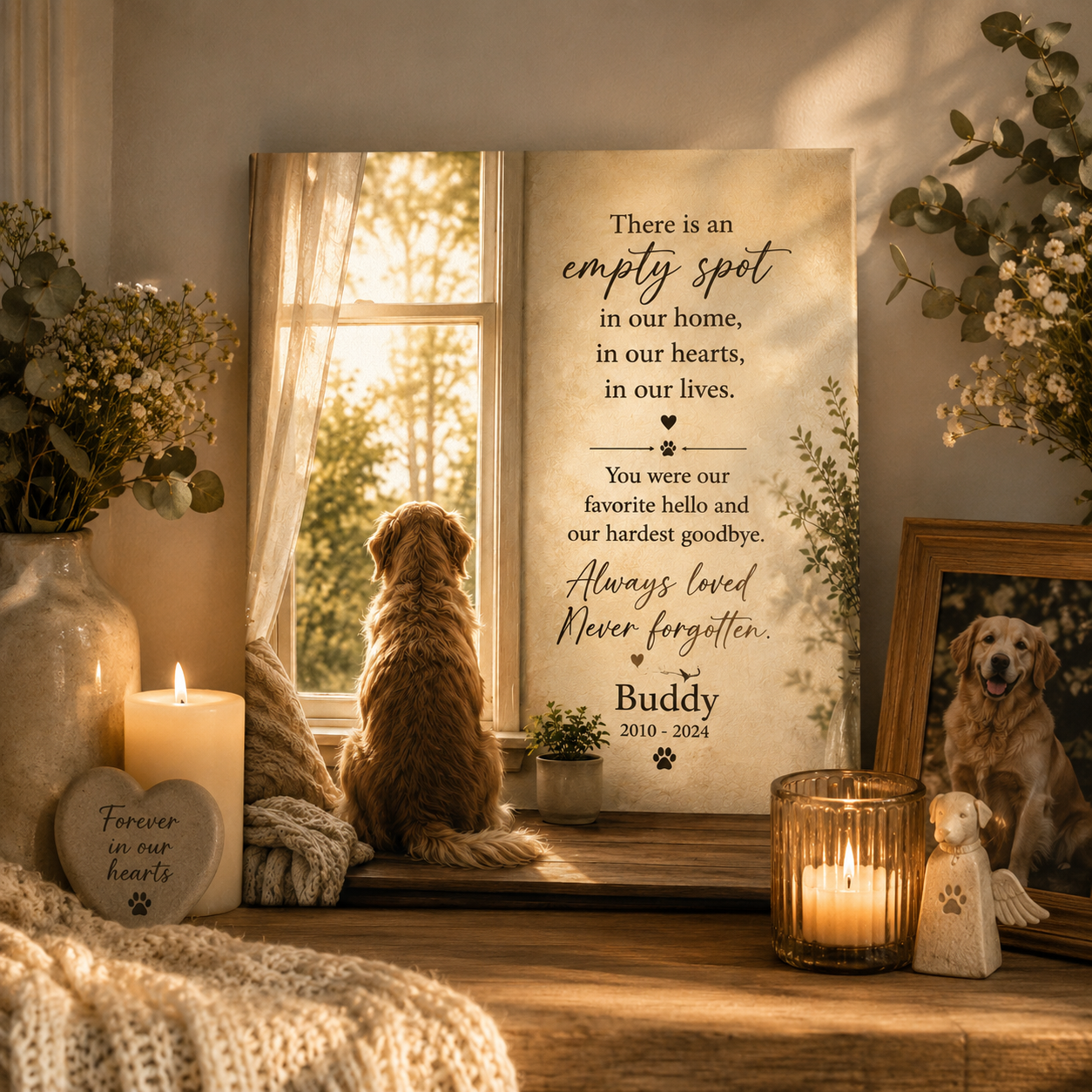 Personalized dog memorial canvas displayed near a cozy chair at home