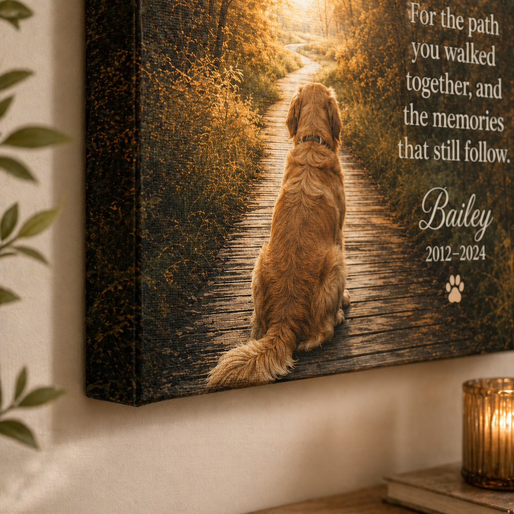 Dog memorial canvas wall decor for a peaceful remembrance space at home