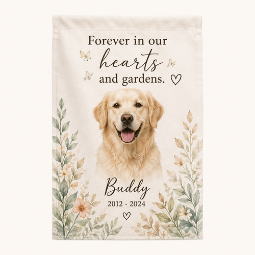 Dog memorial garden flag with photo name years and custom message