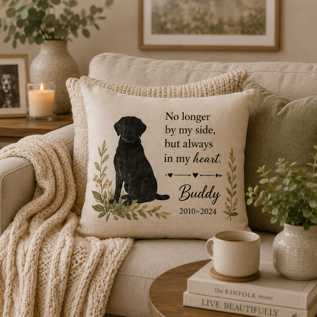 Dog memorial pillow cover with name and years displayed on a cozy chair