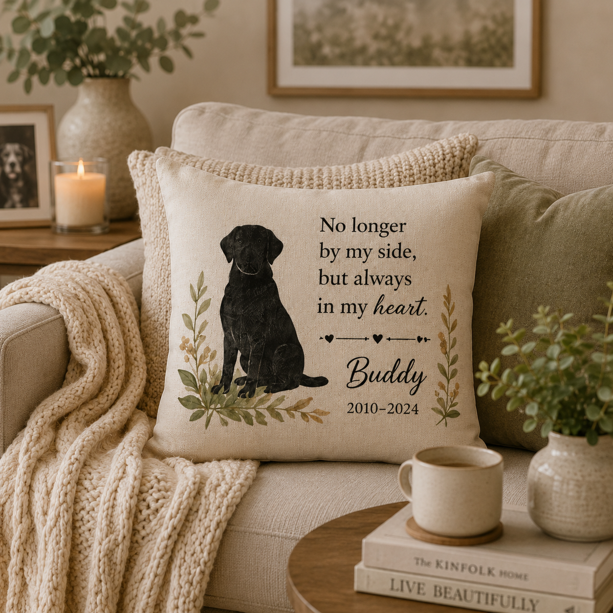 Dog memorial pillow cover with name and years displayed on a cozy chair