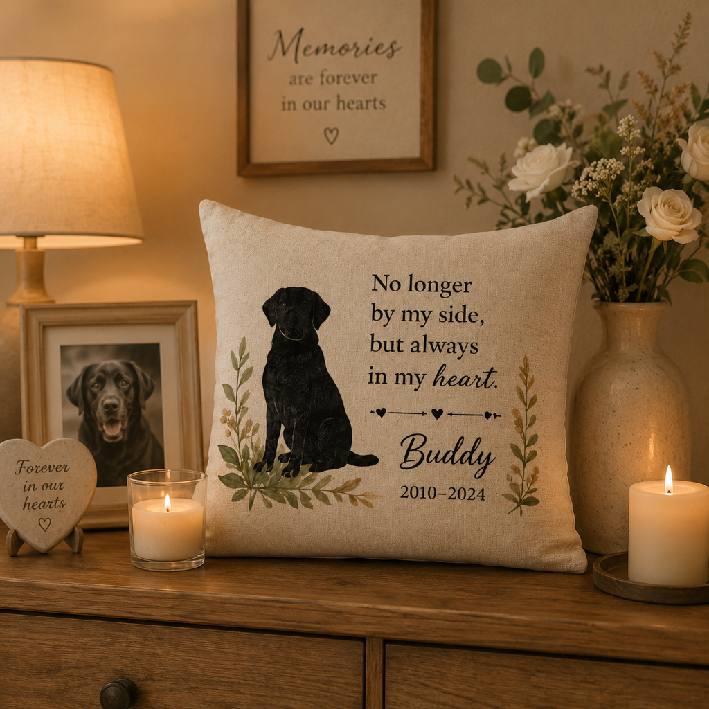 Personalized dog memorial pillow cover styled in a warm living room