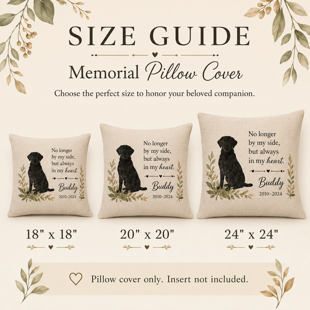 Dog memorial pillow cover size guide showing 18x18 20x20 and 24x24 options