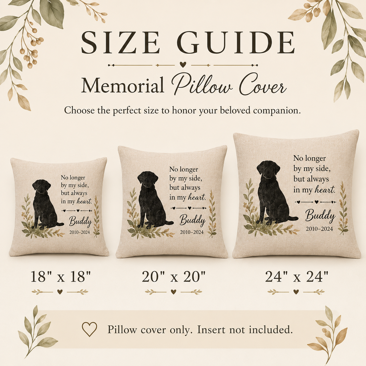 Dog memorial pillow cover size guide showing 18x18 20x20 and 24x24 options