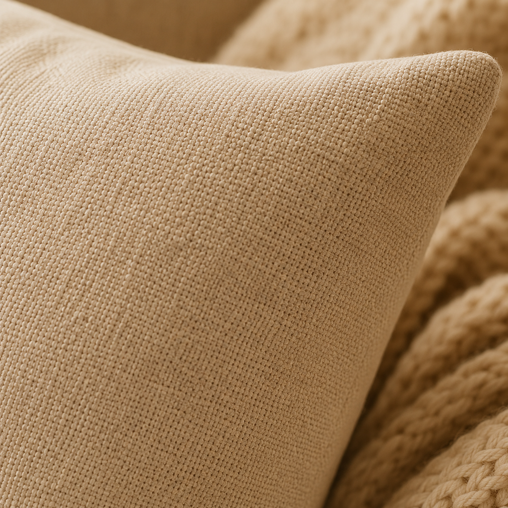 Texture detail of a custom dog memorial pillow cover with soft neutral fabric