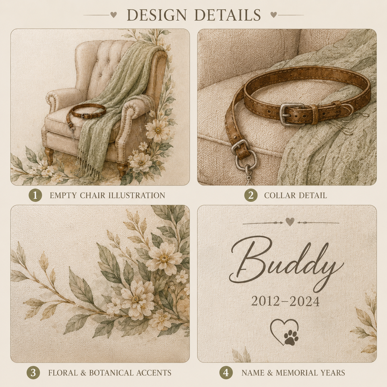 Favorite Chair memorial pillow cover details with pet name years and optional message
