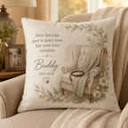 Favorite Chair personalized pet memorial pillow cover displayed on a cozy chair