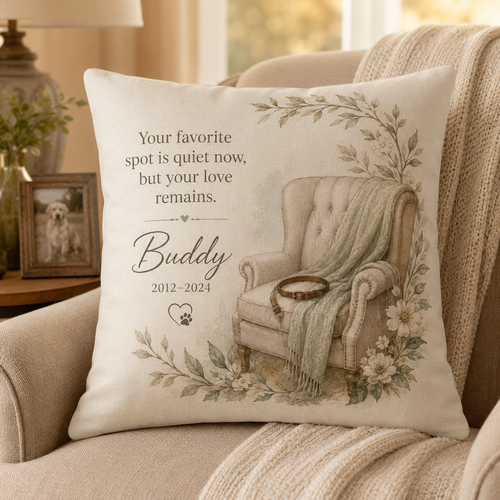 Favorite Chair personalized pet memorial pillow cover displayed on a cozy chair
