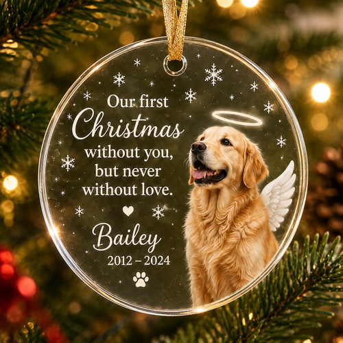 First Christmas Without You personalized pet memorial ornament hanging on a Christmas tree