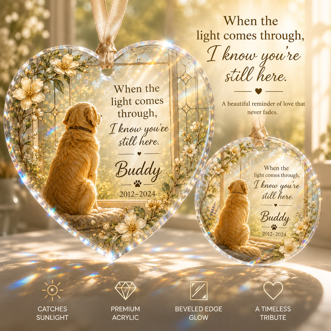 Light-catching pet memorial window ornament displayed by a sunny window