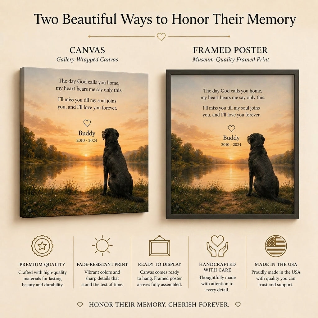 Memorial canvas and framed poster format options for personalized pet remembrance art
