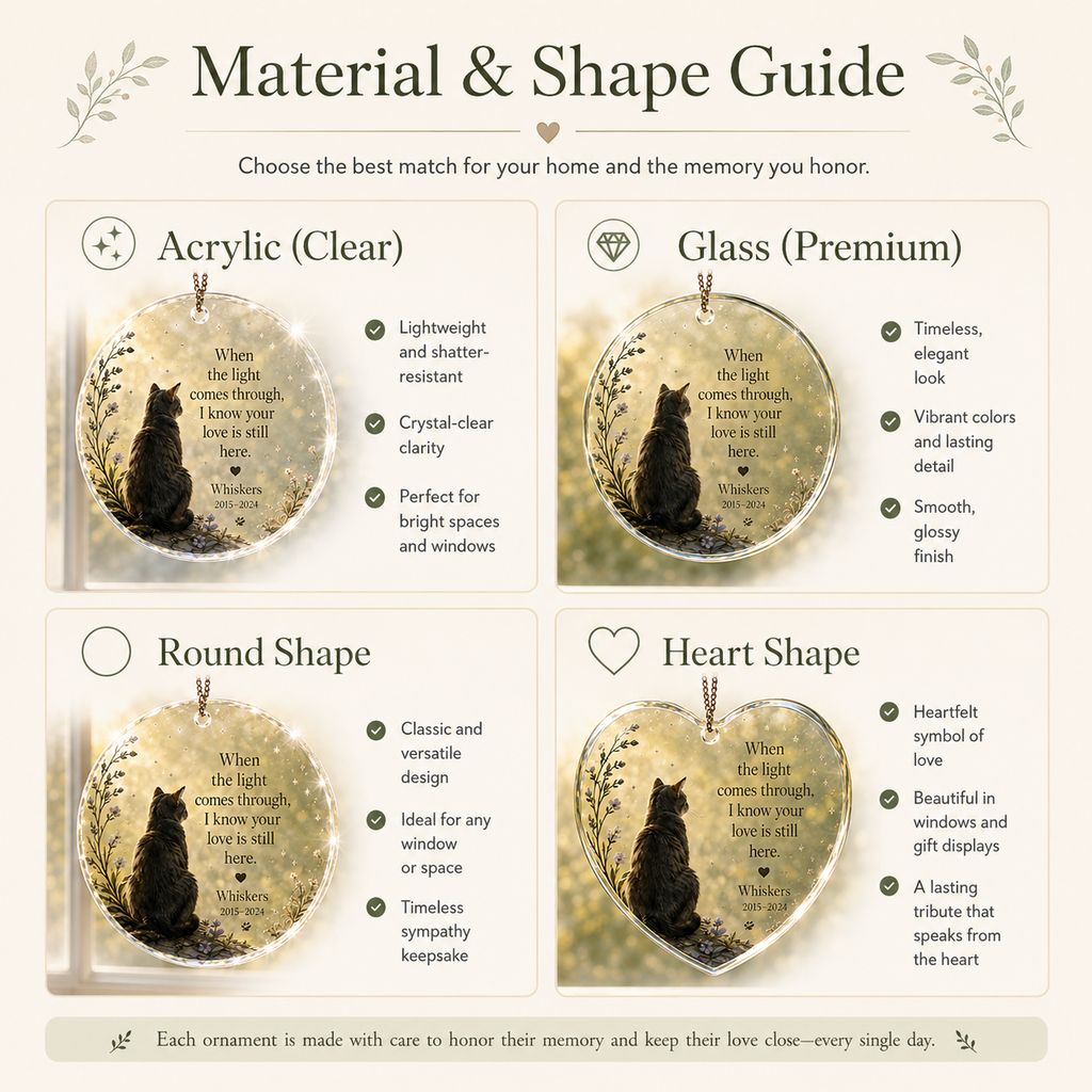 Memorial window ornament guide showing acrylic glass heart and round options