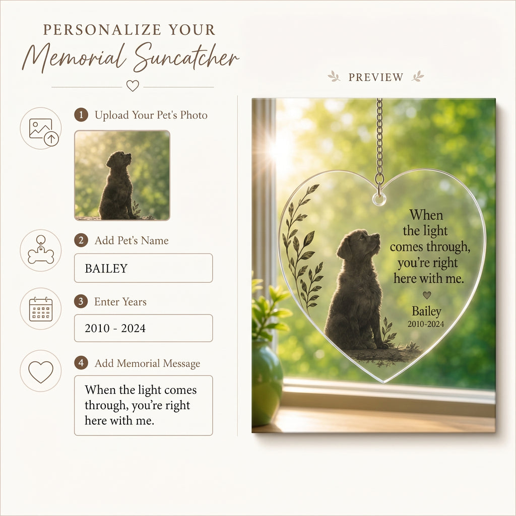 Memorial window ornament options showing acrylic glass heart and round styles