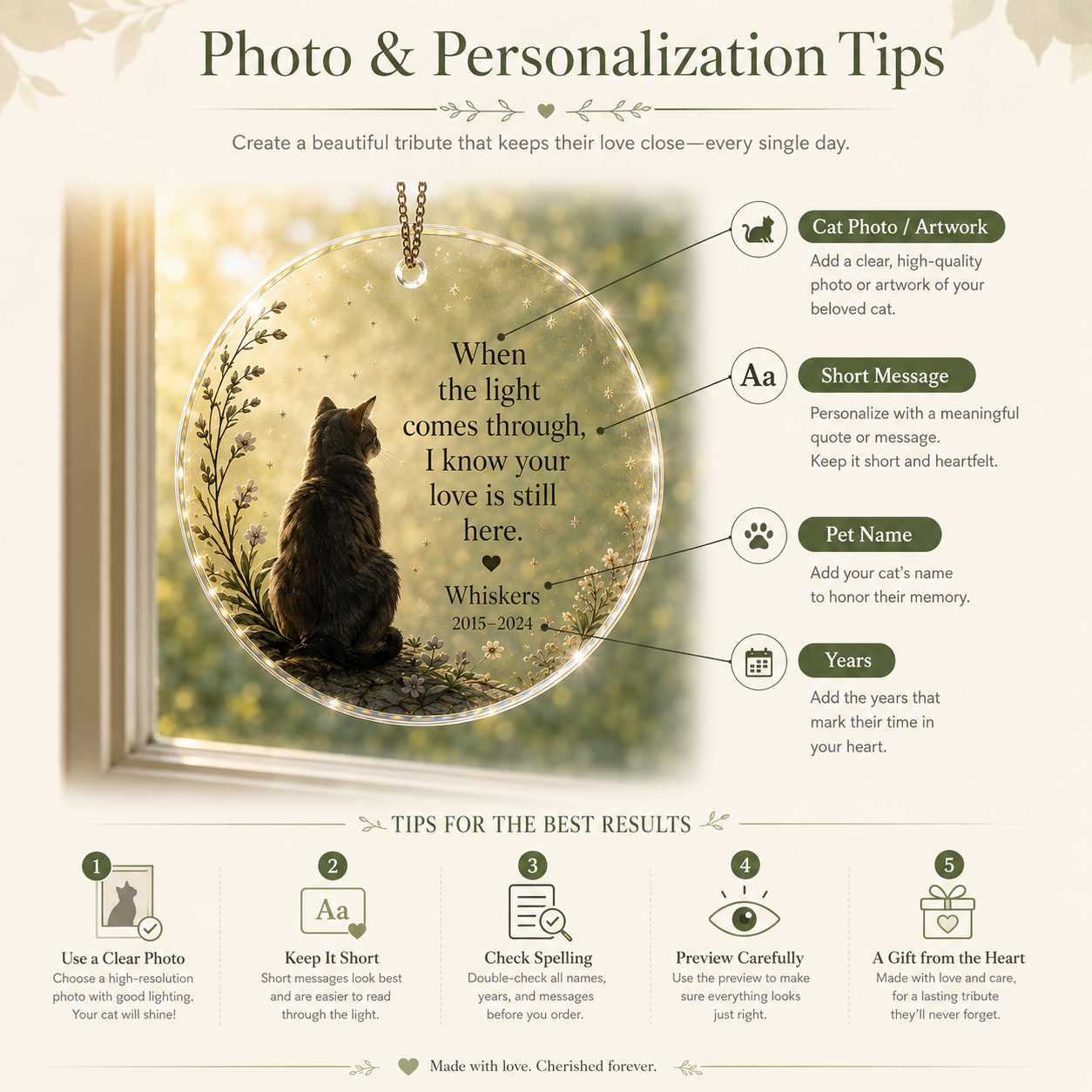 Personalized cat memorial window ornament details with photo name years and message