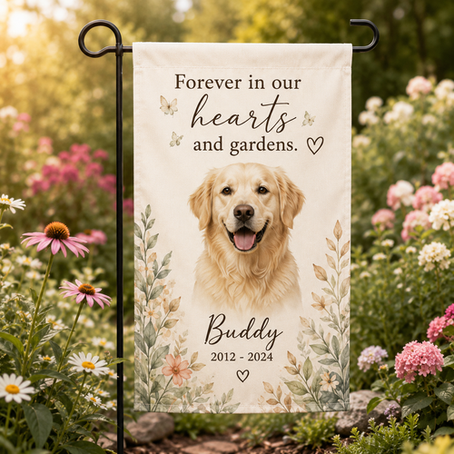 Personalized dog memorial garden flag displayed in a sunny flower garden