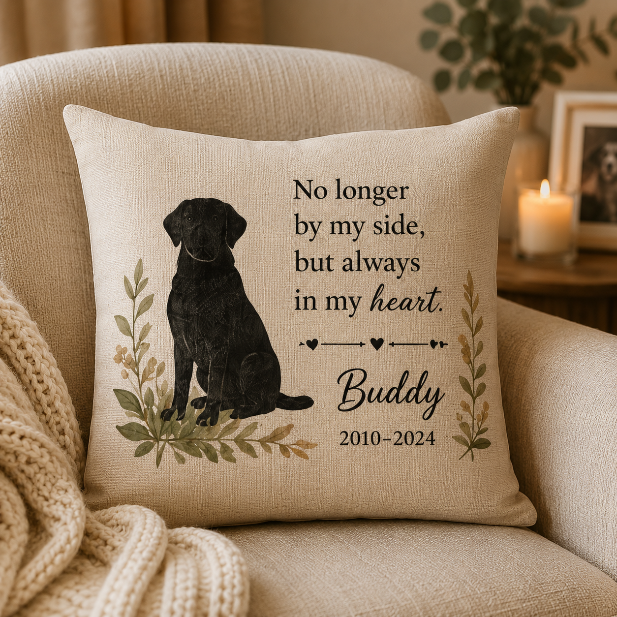 Personalized dog memorial pillow cover displayed on a favorite chair