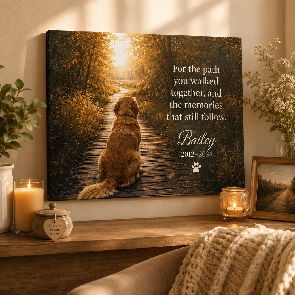 Personalized pet memorial canvas honoring the favorite walk shared together
