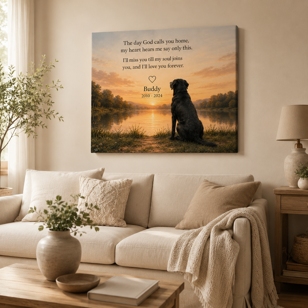 Personalized pet memorial canvas with photo name years and message displayed at home