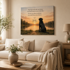 Personalized pet memorial canvas with photo name years and message displayed at home