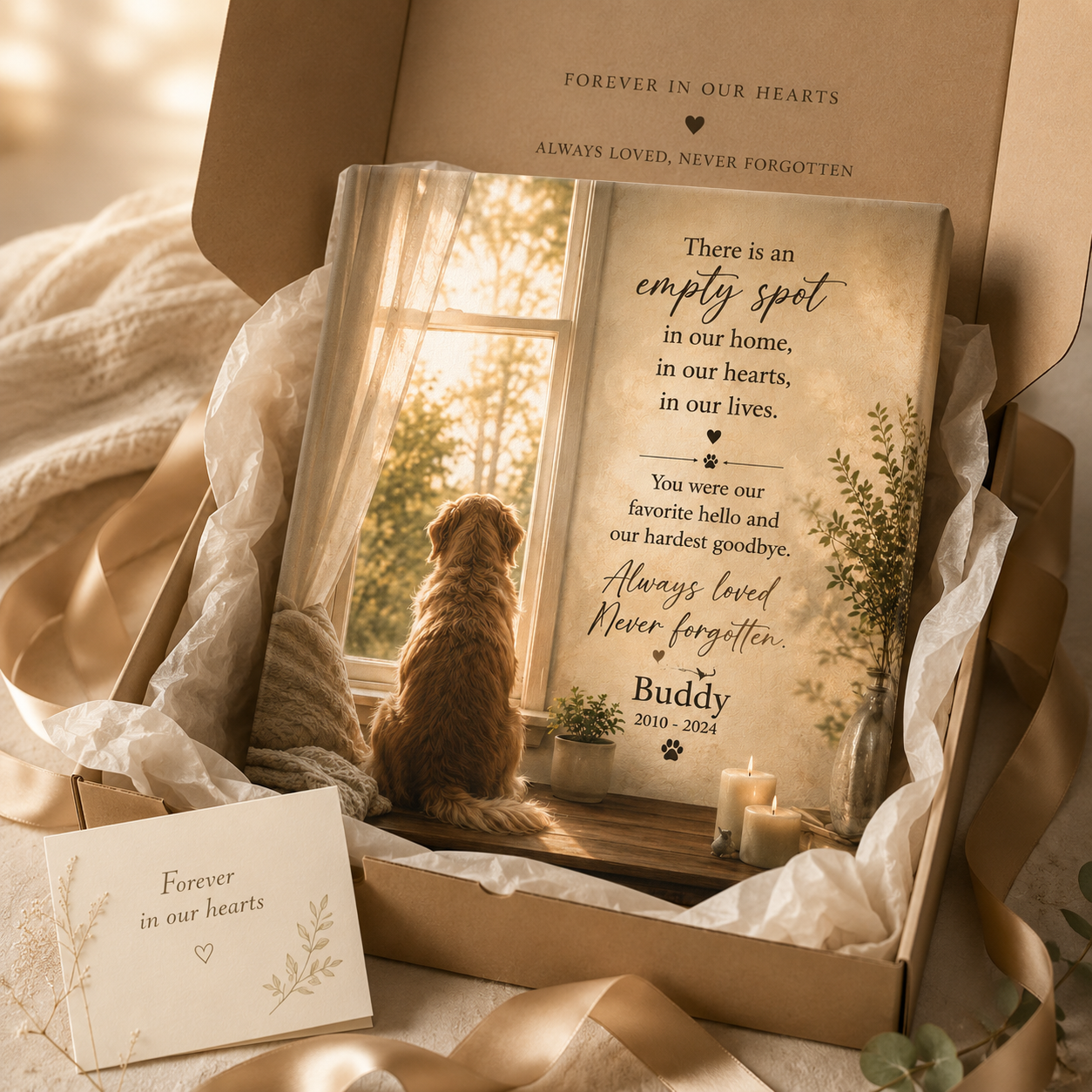 Personalized pet memorial canvas near a sunny window for a favorite place tribute