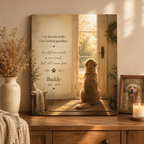 Personalized pet memorial canvas with dog by the window, name, years, and memorial message