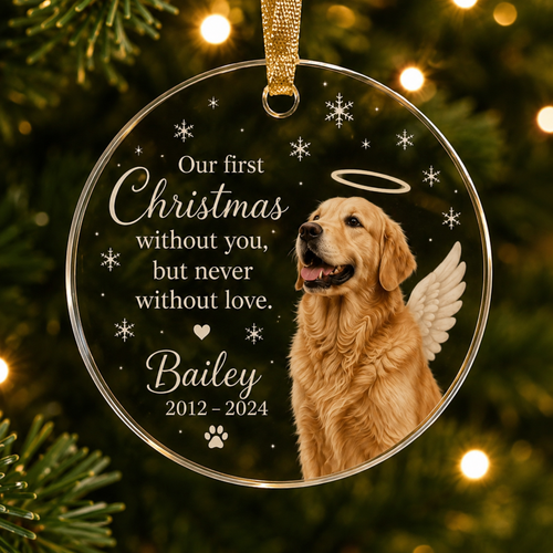 Personalized pet memorial Christmas ornament with photo name years and message