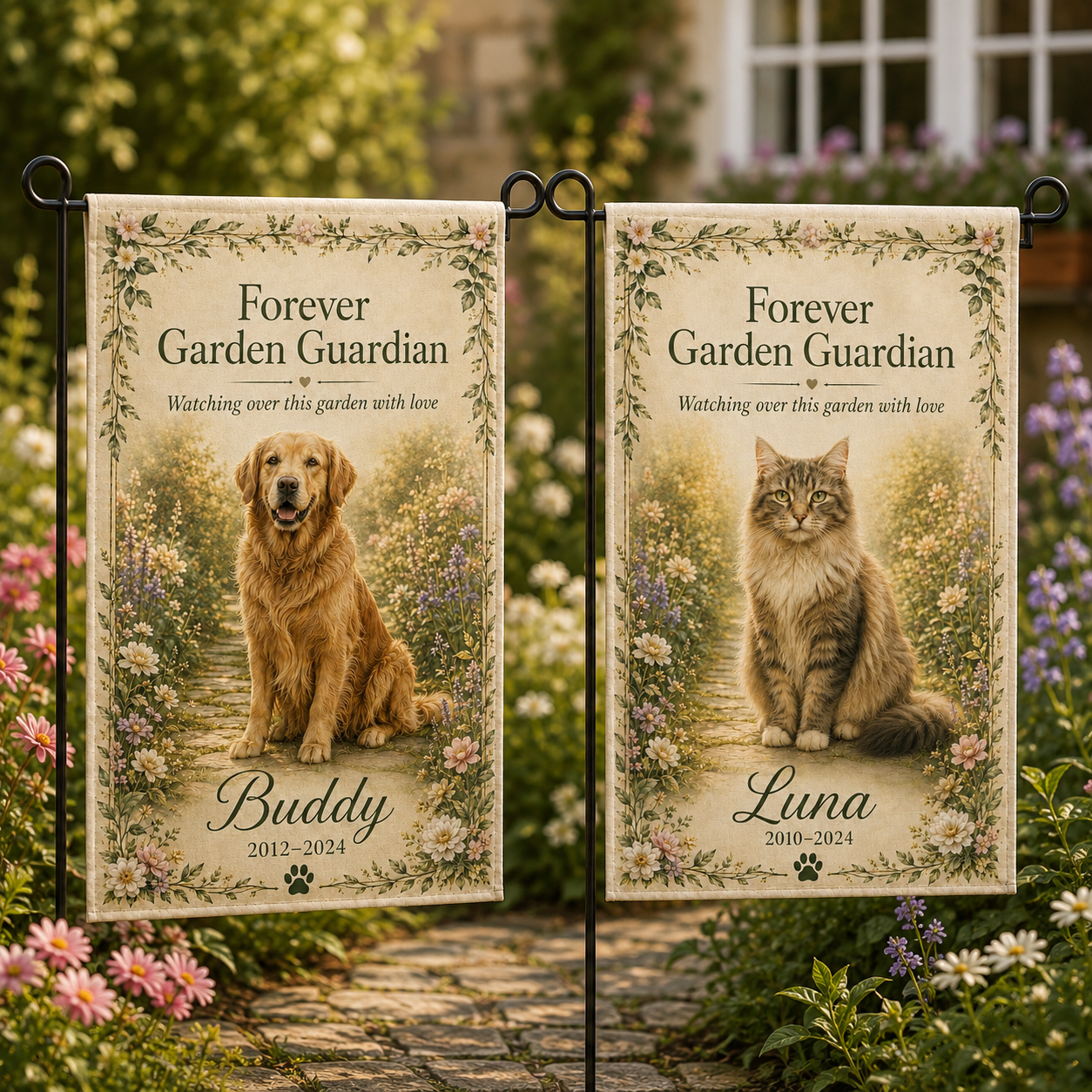 Personalized pet memorial garden flags for dog and cat displayed in a flower garden