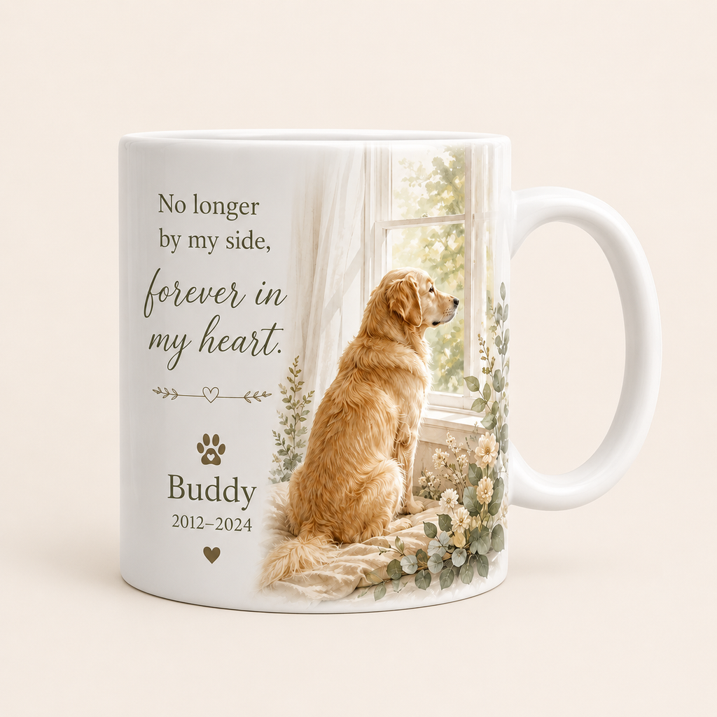 Personalized pet memorial mug with photo name and years