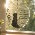 Personalized pet memorial window hanging ornament catching sunlight by a favorite window
