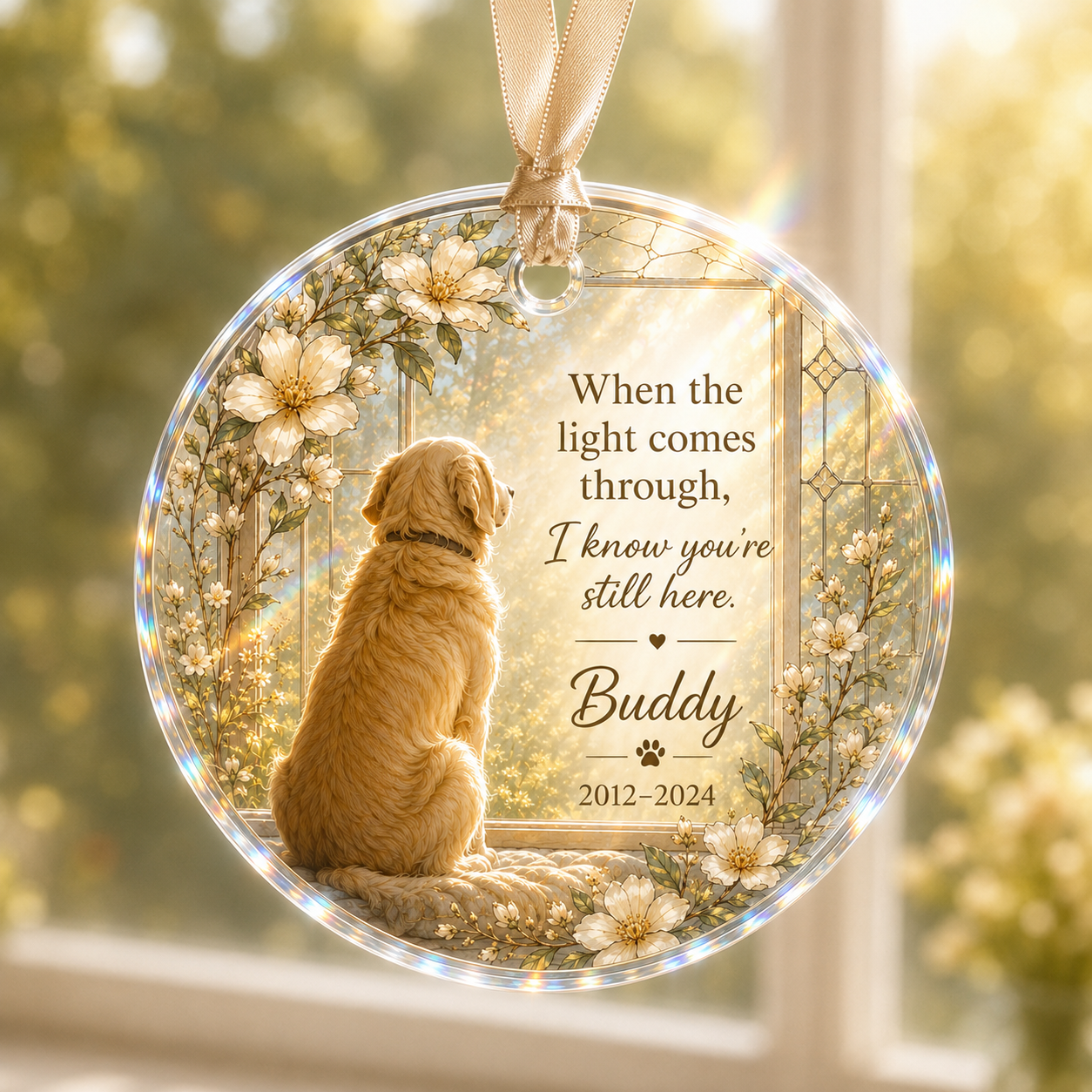 Personalized pet memorial window hanging ornament catching sunlight in a round shape