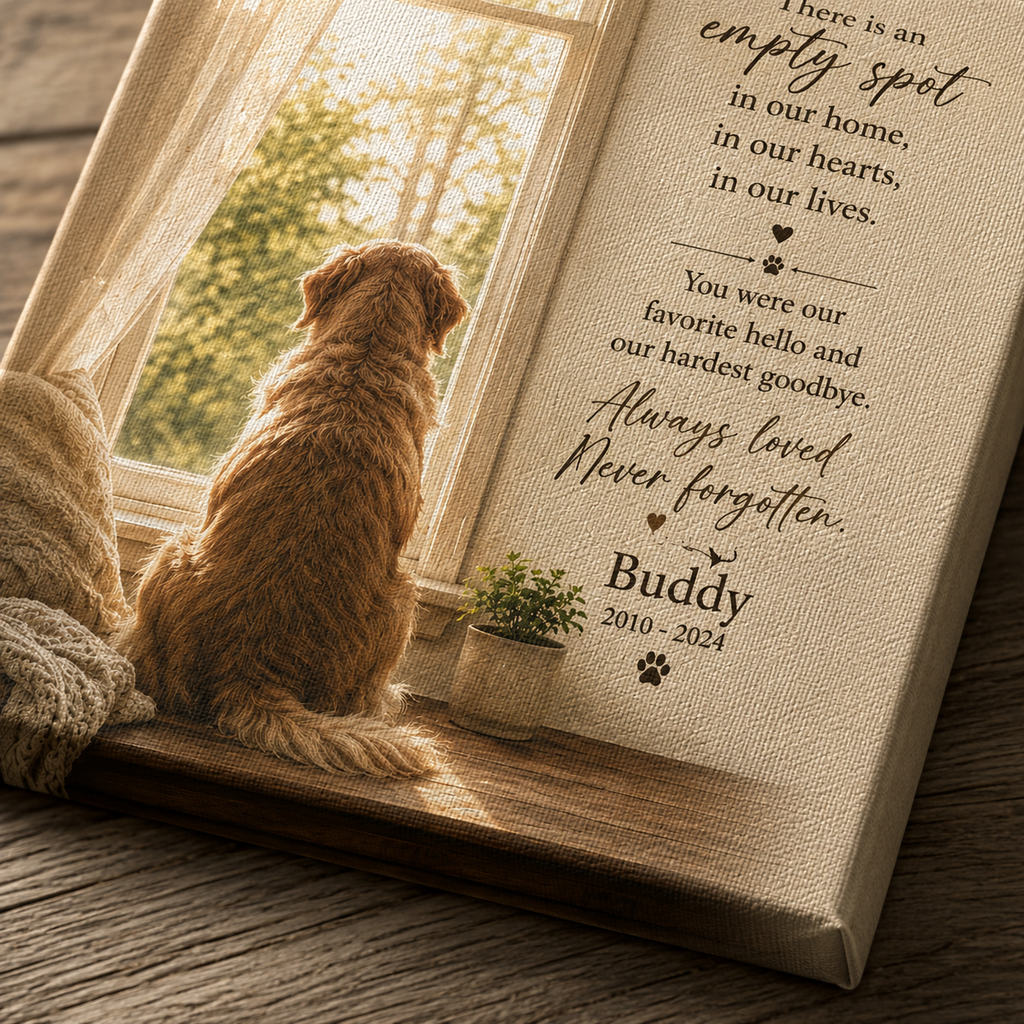 Pet memorial canvas styled in a peaceful remembrance corner with candles