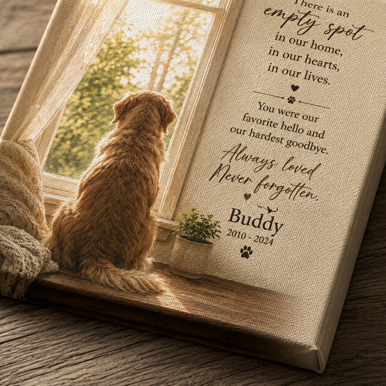 Pet memorial canvas styled in a peaceful remembrance corner with candles