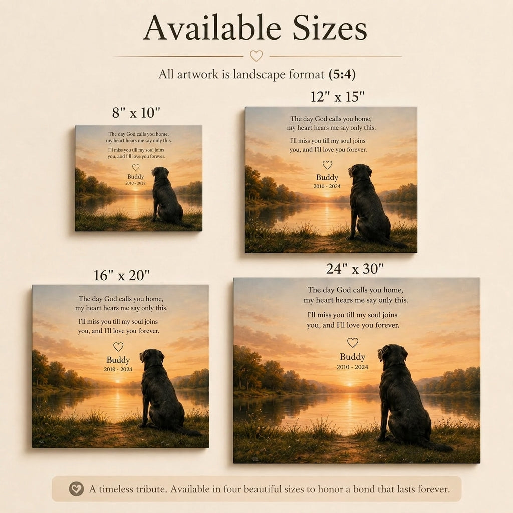 Pet memorial canvas size guide showing 8x10 12x15 16x20 and 24x30 options