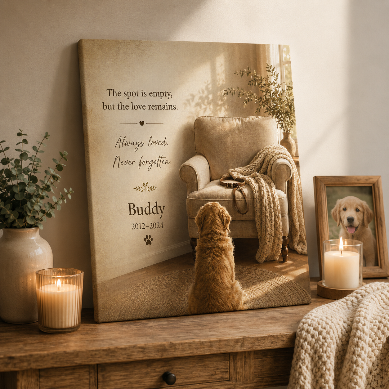 Pet memorial canvas size guide showing 8x10 12x15 16x20 and 24x30 options