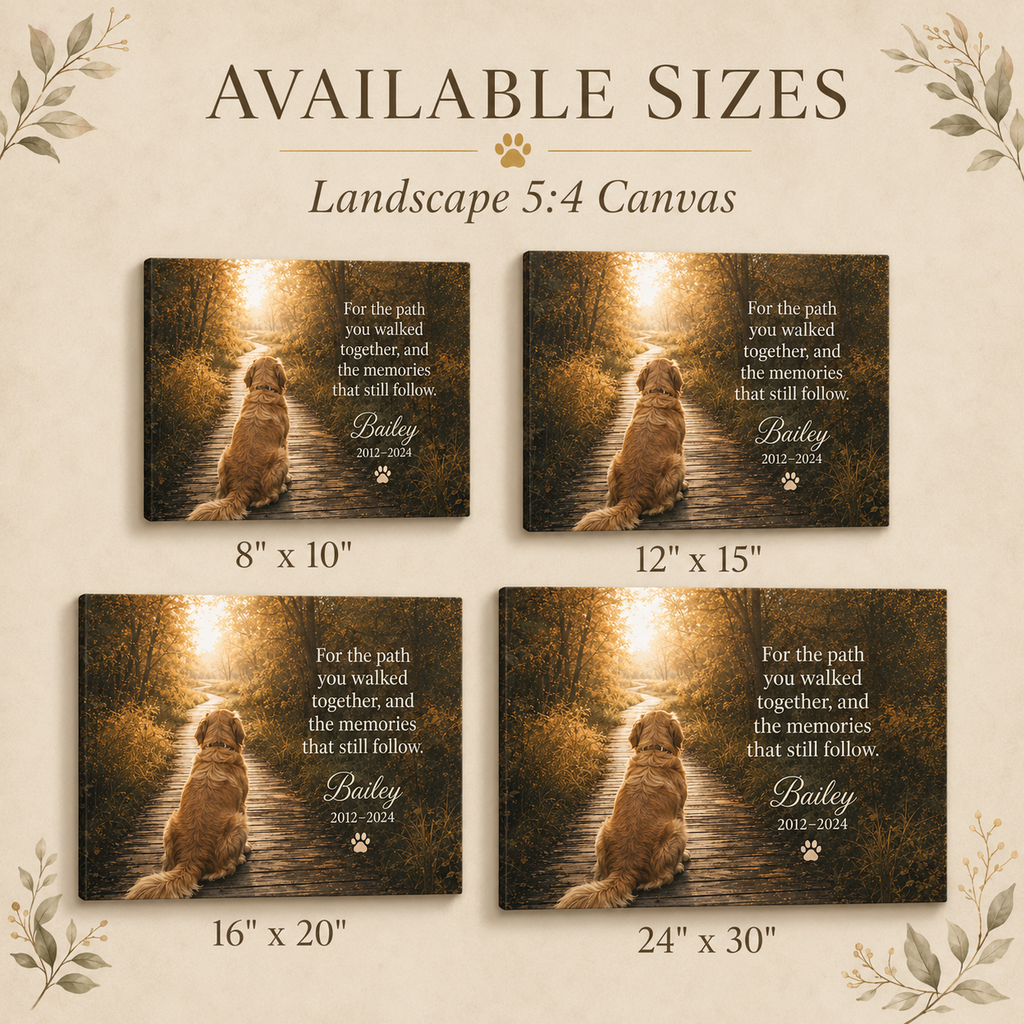 Pet memorial canvas size options including 8x10 12x15 16x20 and 24x30