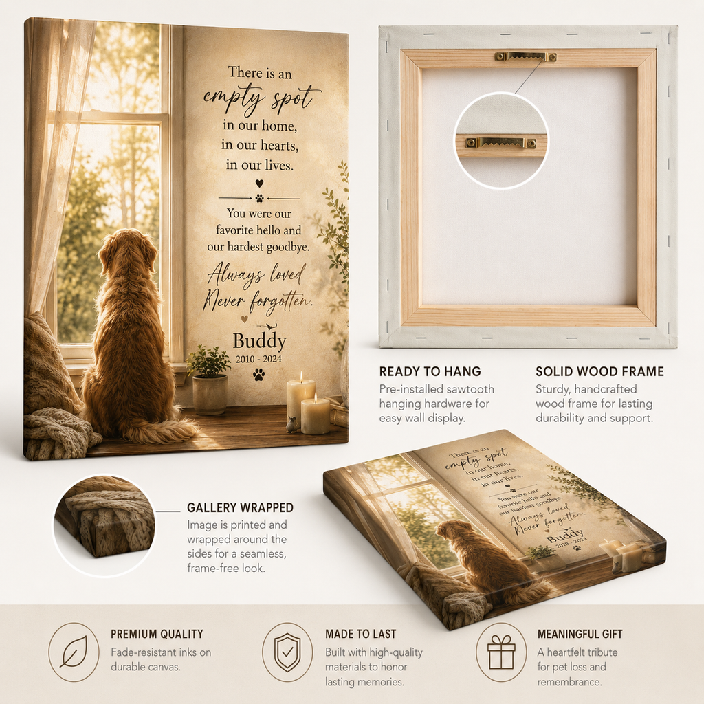 Close-up detail of the printed canvas texture on a personalized pet memorial artwork