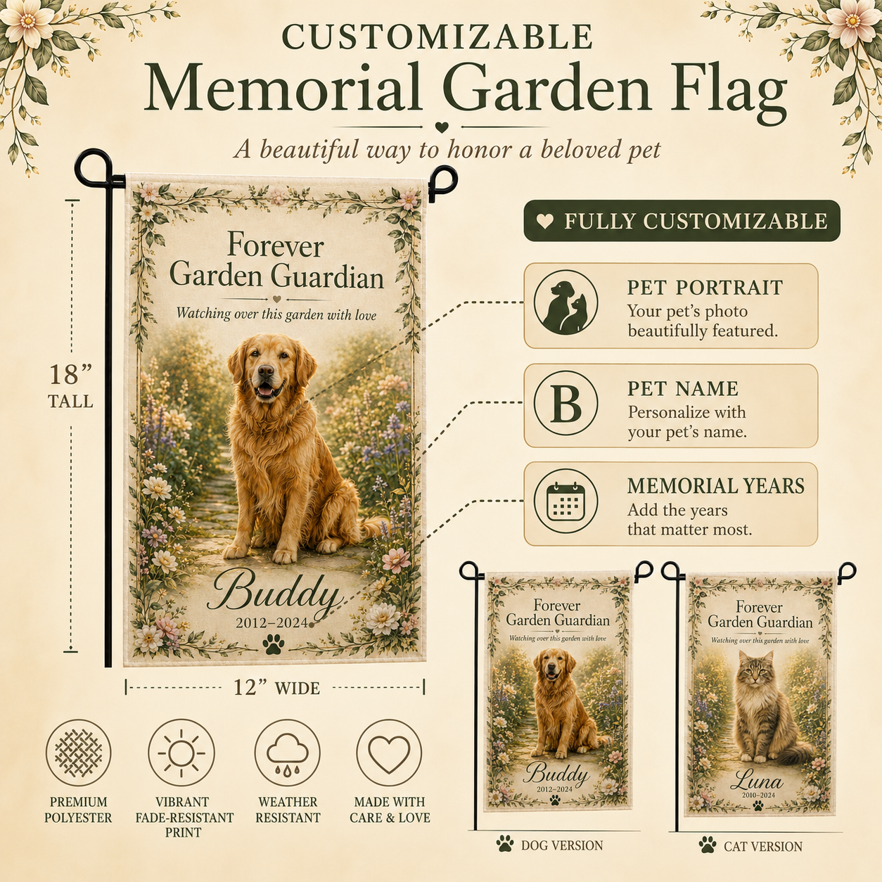 Personalized pet memorial garden flag details with pet photo name years and message