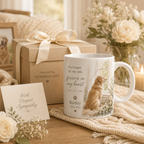 Pet memorial mug displayed in a quiet morning coffee corner with warm window light